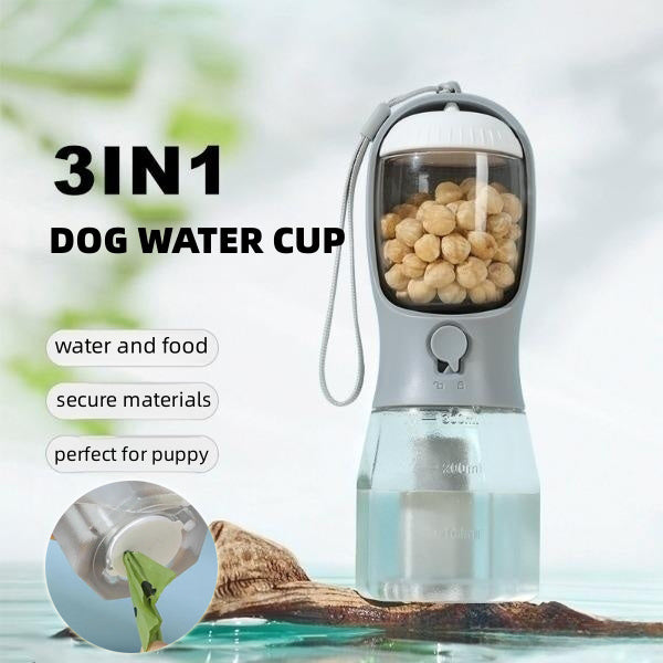 3-in-1 Portable Dog Water Bottle – Food Container & Waste Bag Holder