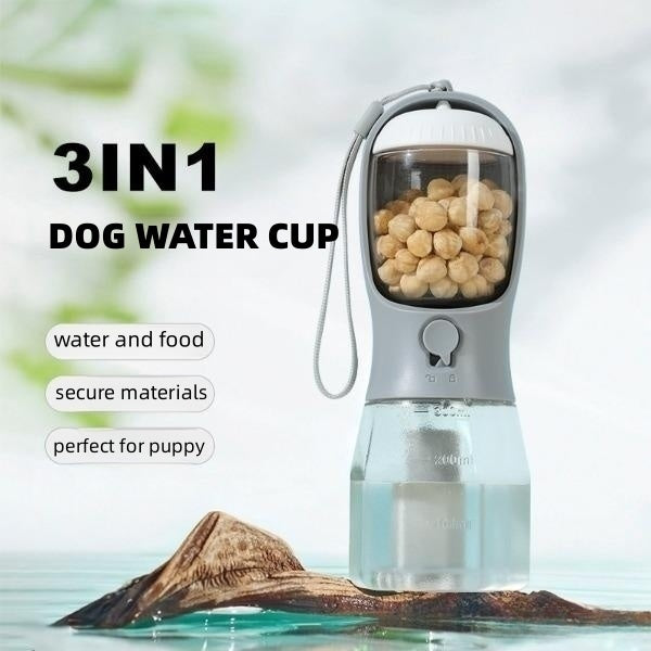 3-in-1 Portable Dog Water Bottle – Food Container & Waste Bag Holder